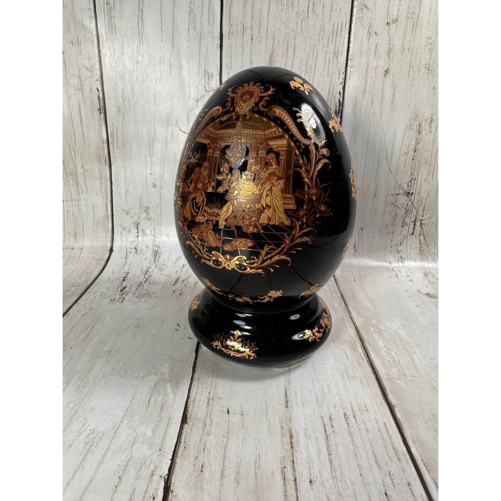 F.F Fine Porcelain Limoges R.G Egg Figurine Display Black & Gold Decor